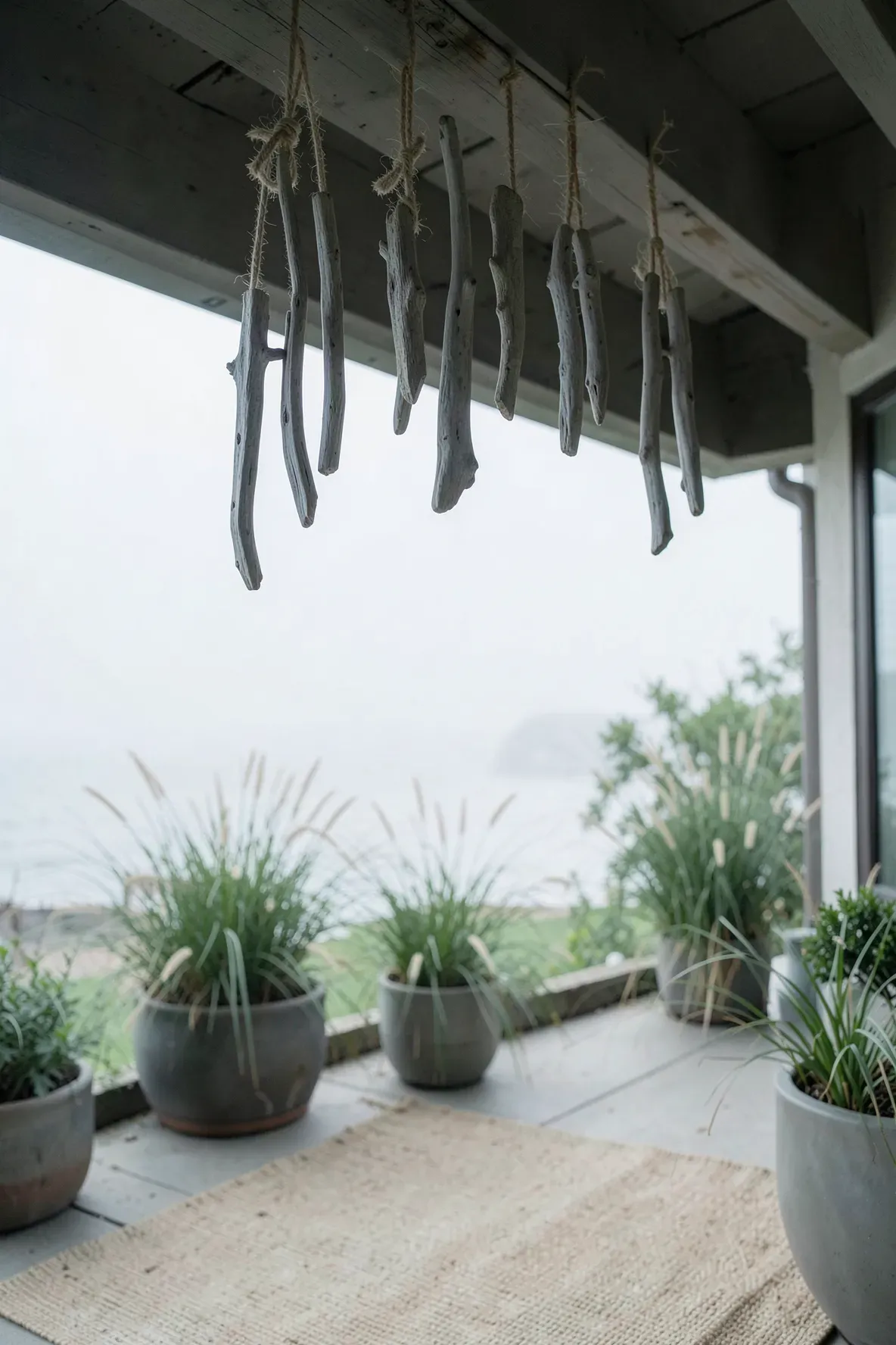 Handcrafted driftwood wind chimes hanging above a serene, coastal-themed small patio.