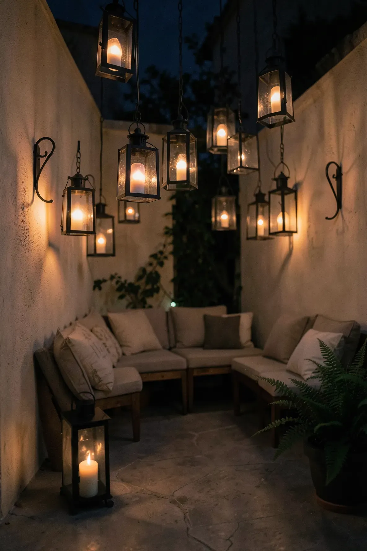 Glowing black lanterns with battery candles hanging over a cozy patio at twilight.