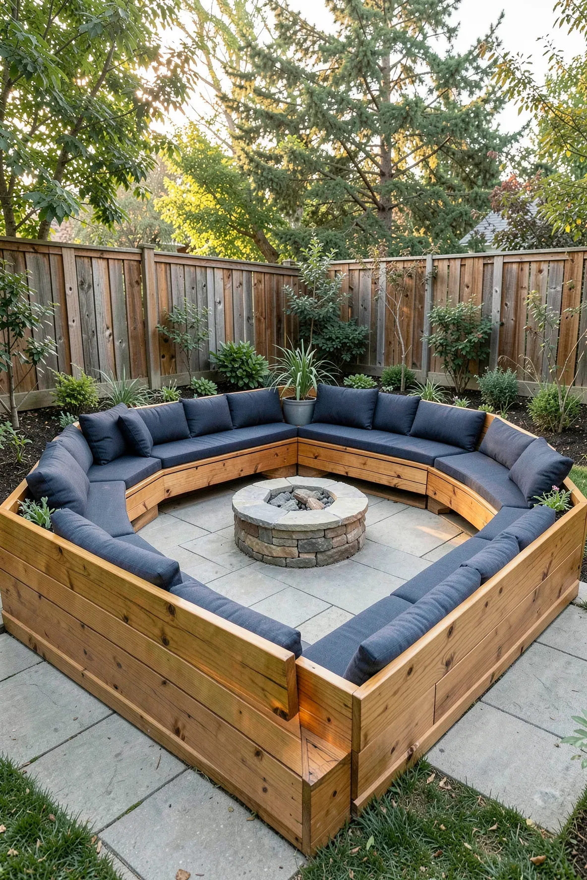 Space-saving built-in wooden benches lining the perimeter of a small, modern patio.