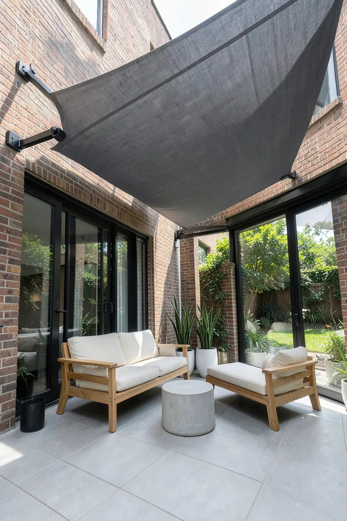 A modern small patio shaded by a charcoal gray retractable awning over teak furniture.