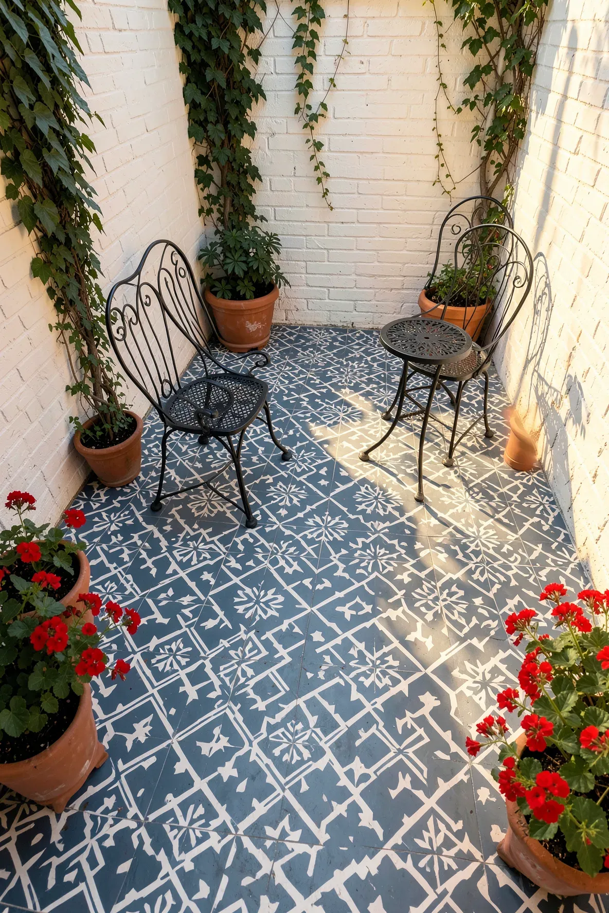 Intricate blue and white geometric stencil patterns painted on a small concrete patio floor.