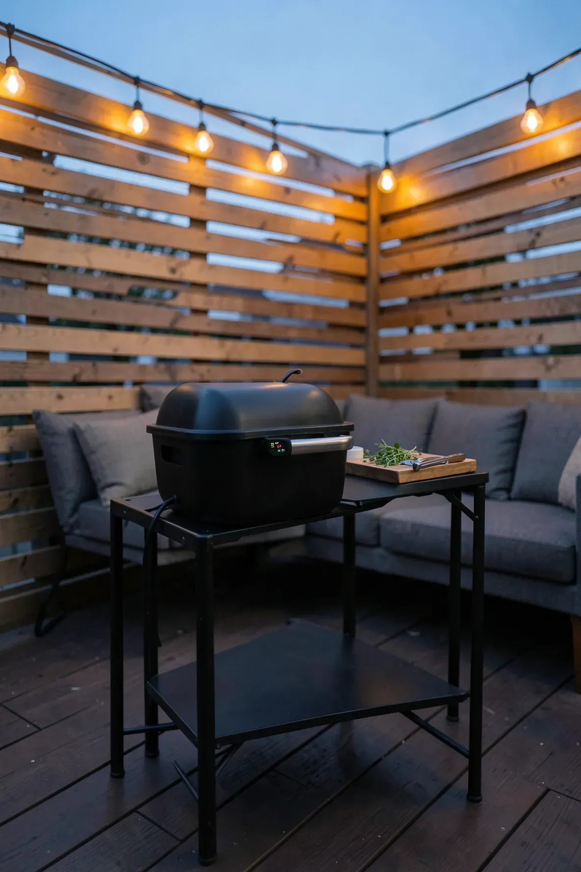 A sleek black electric grill on a small metal stand on a cozy, wood-decked patio.