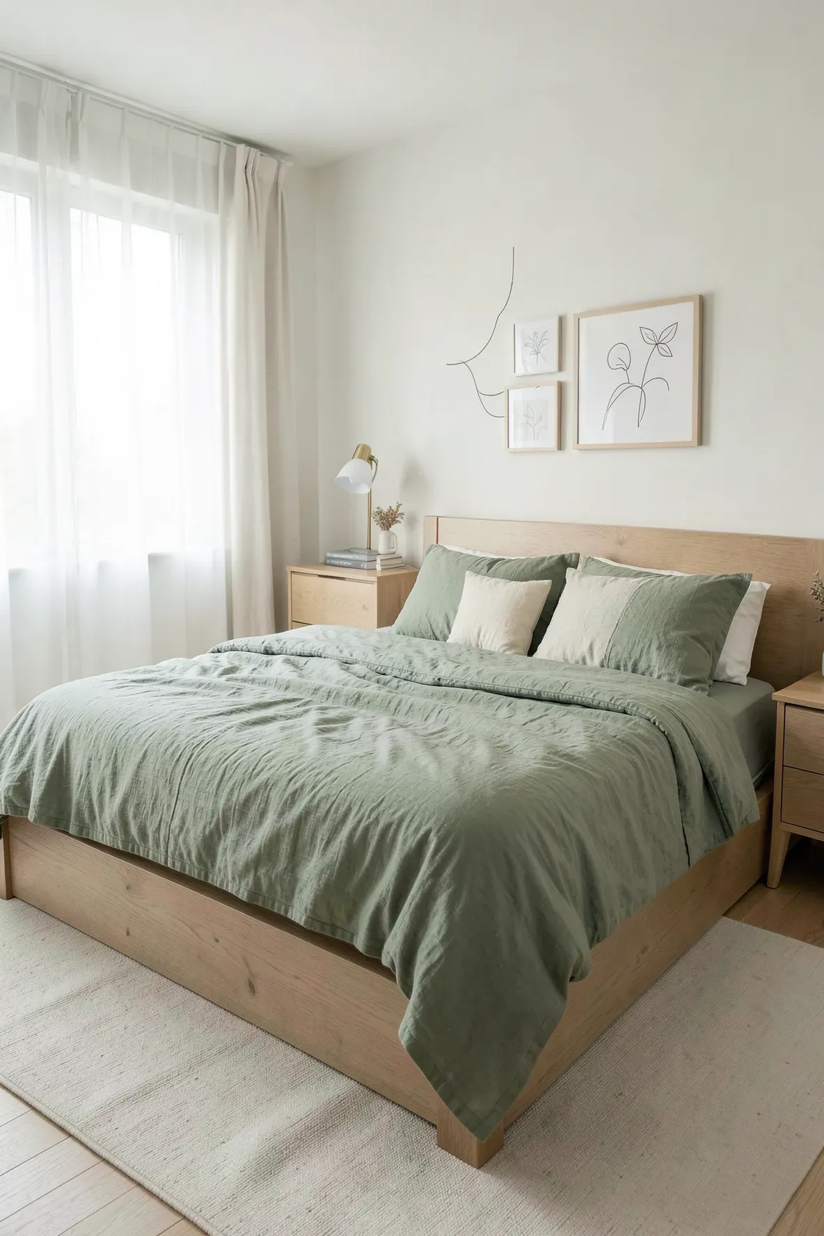 A wide shot of a peaceful bedroom with sage green linen bedding, cream pillows, and light wood furniture.