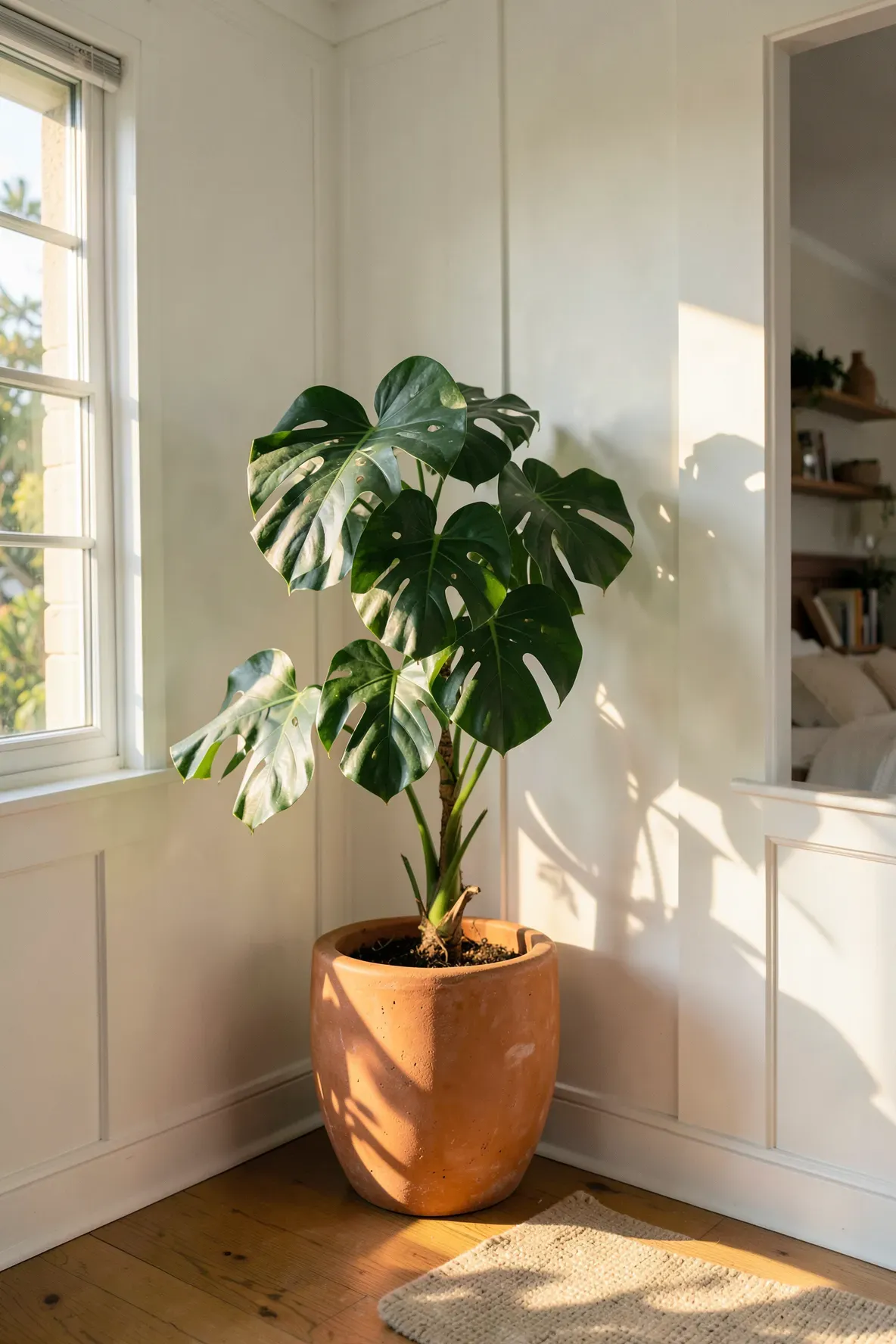 A large Monstera plant in a terracotta pot sitting in a sun-drenched bedroom corner.