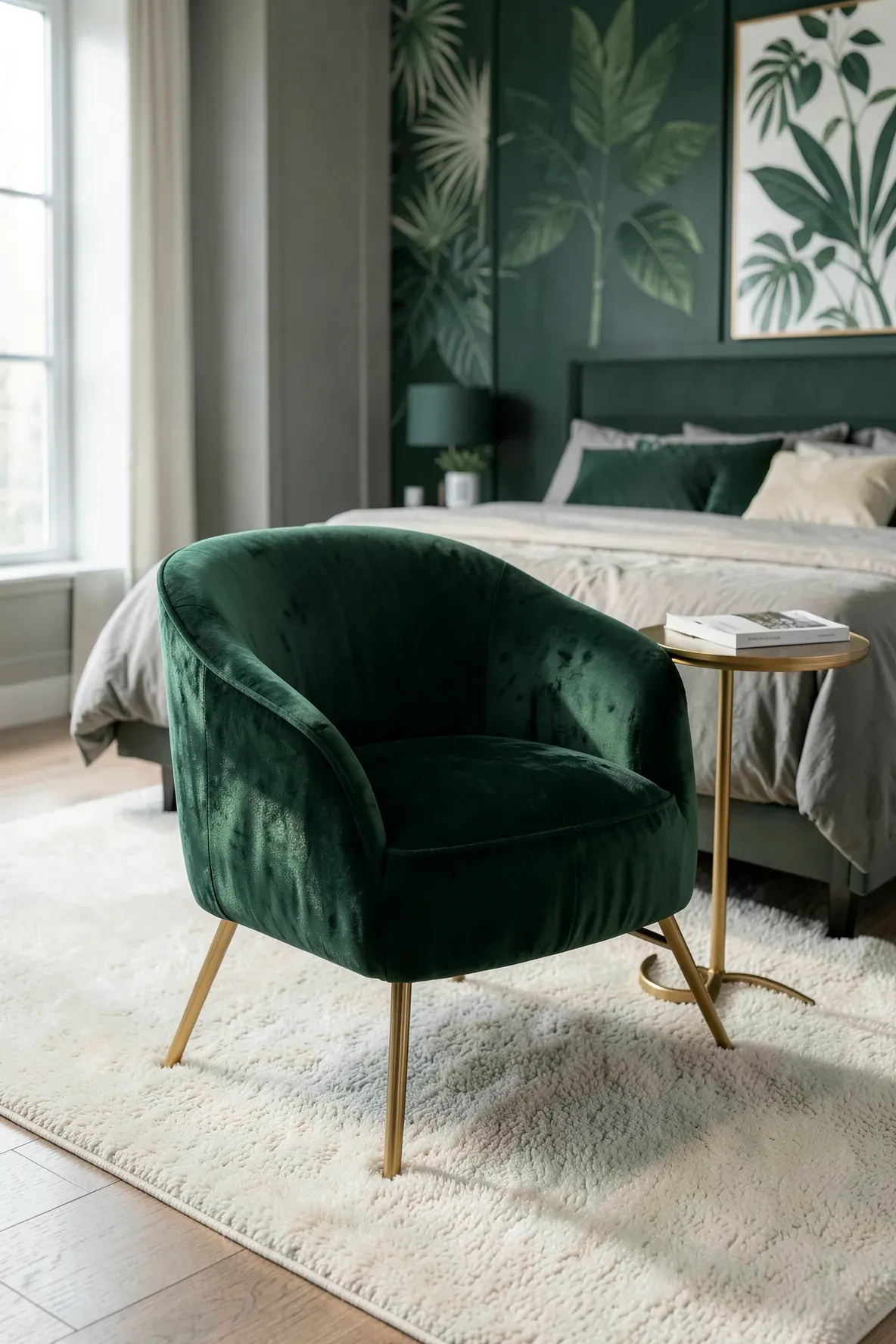 An elegant forest green velvet chair with gold legs in a stylish, well-lit bedroom.