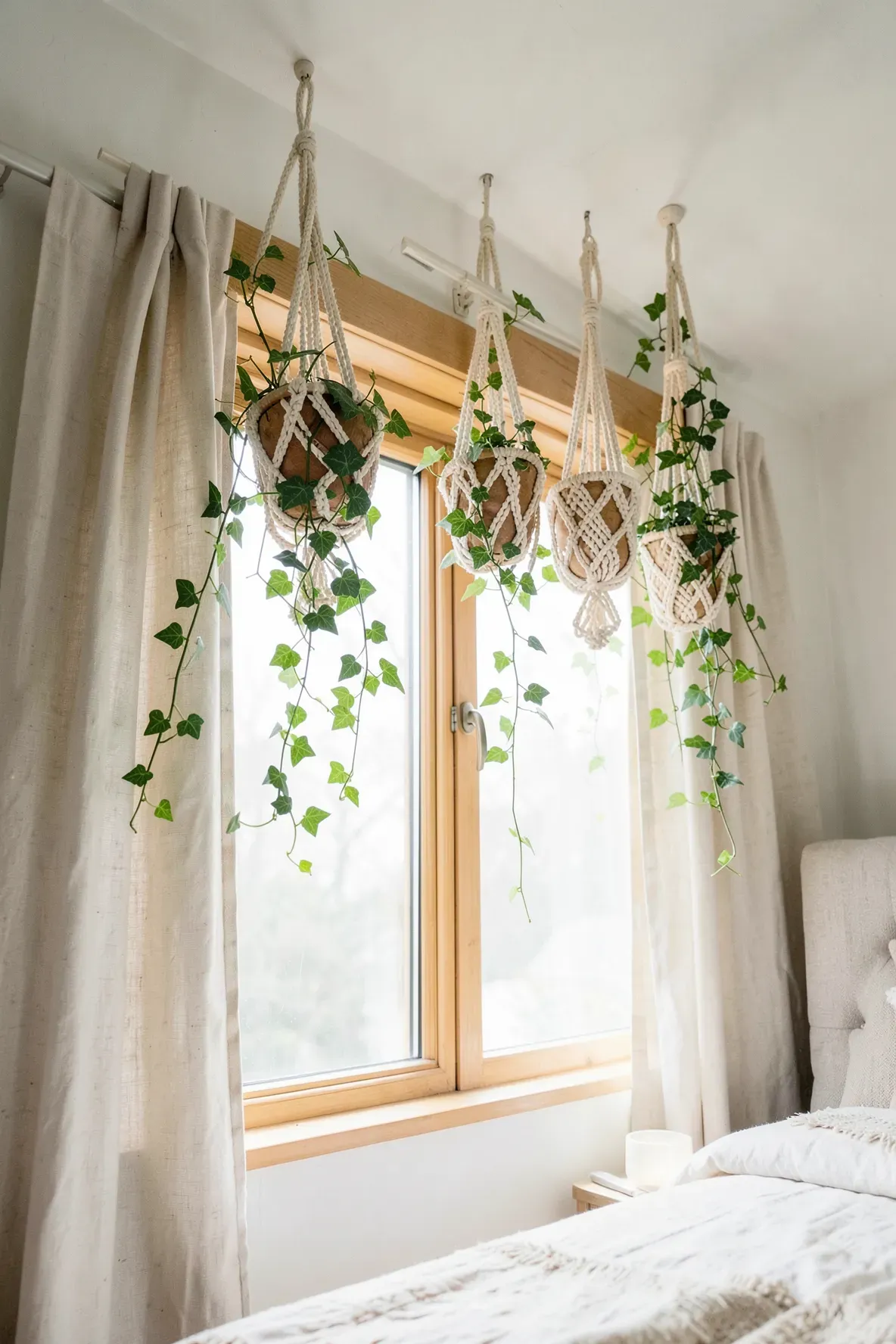 Macrame plant hangers with trailing ivy vines hanging in front of a bright bedroom window.