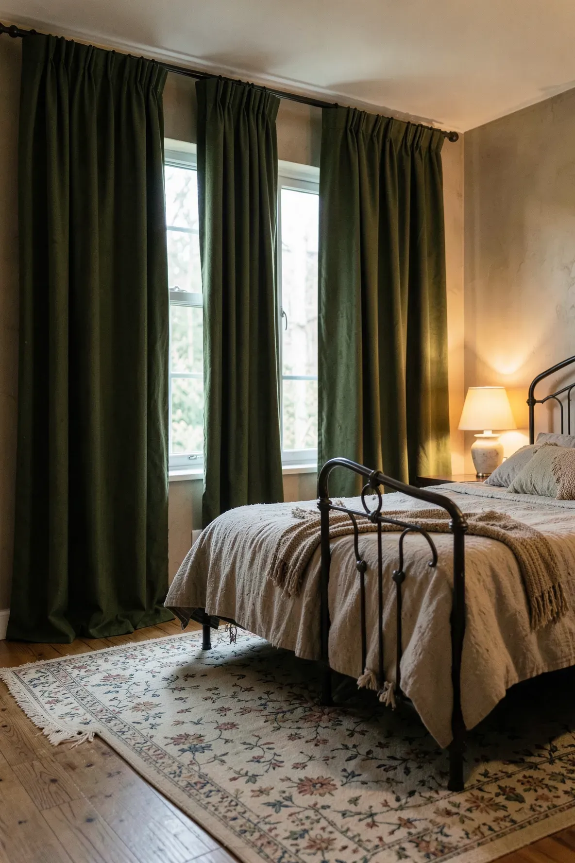 Heavy olive green curtains hanging in a cozy, vintage-style cottagecore bedroom.