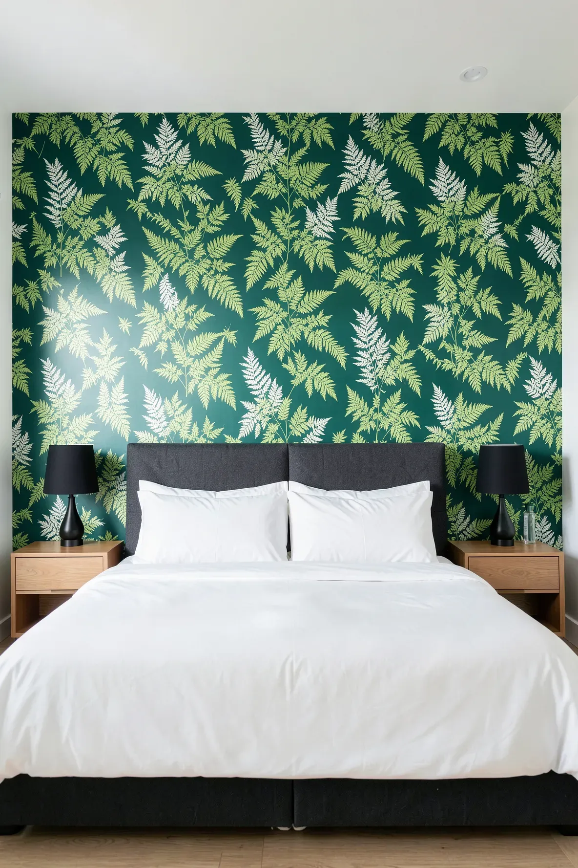 A bedroom accent wall featuring bold emerald green botanical wallpaper behind a modern bed.