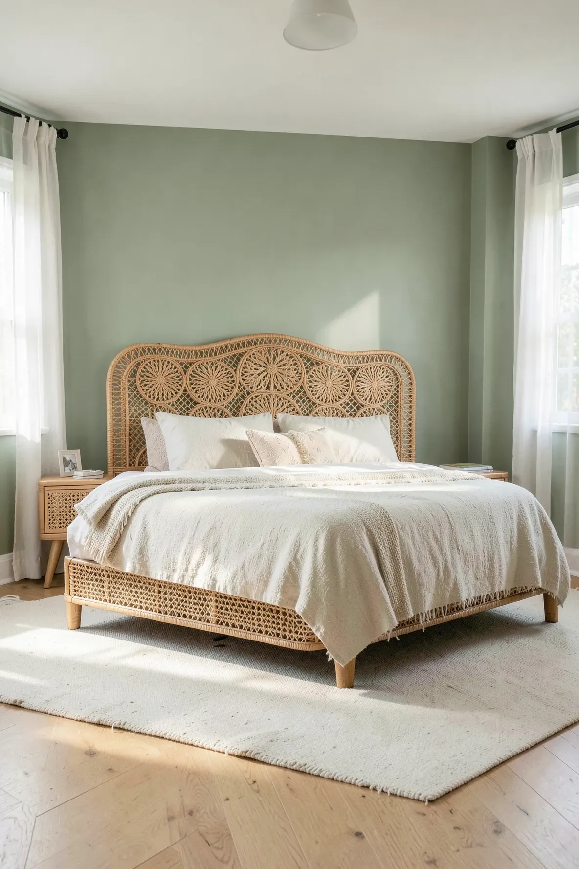 A sage green bedroom featuring a woven rattan headboard with floral patterns and light oak floors.