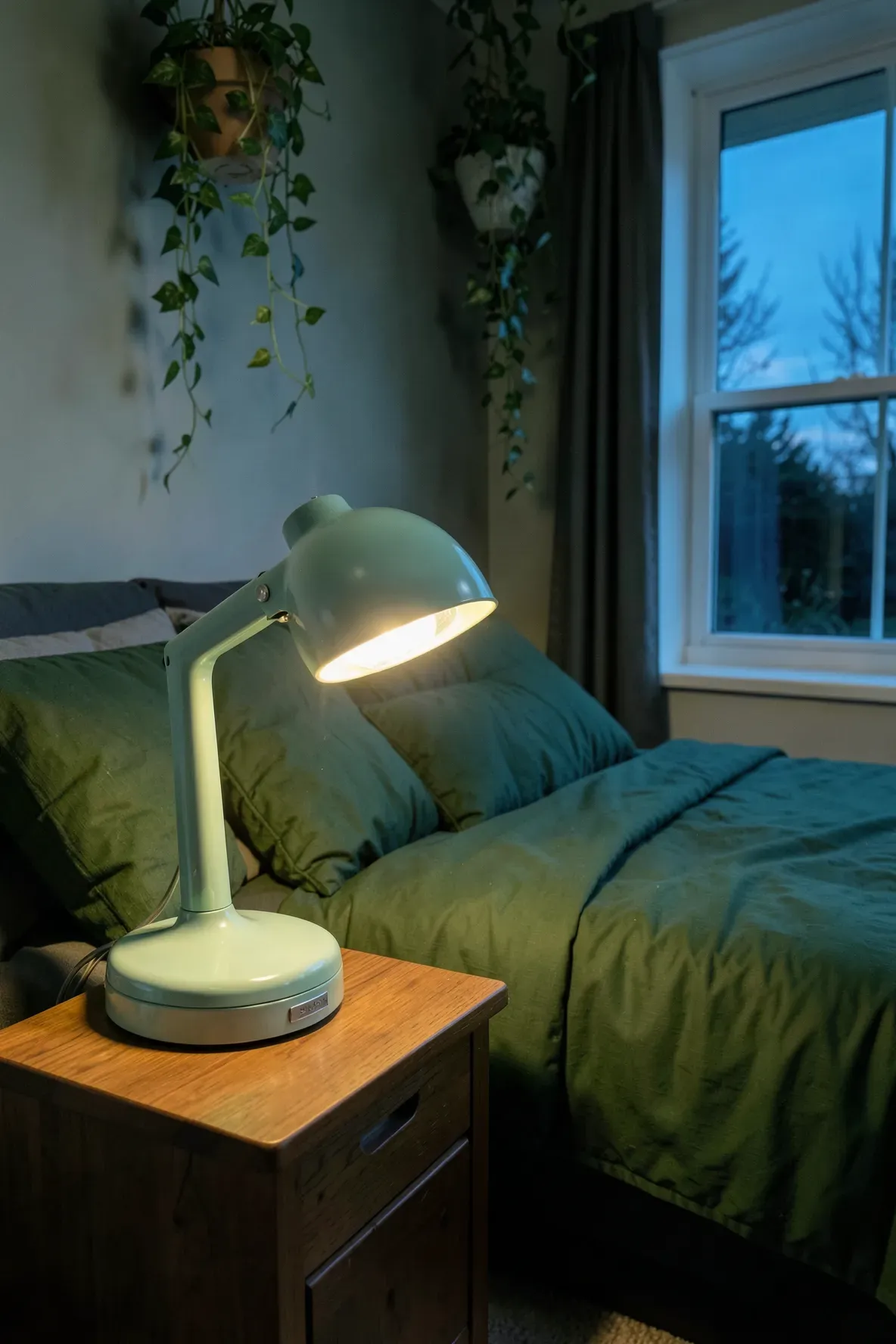 A mint green retro metal lamp casting a warm glow on a bedside table in a green-themed room.