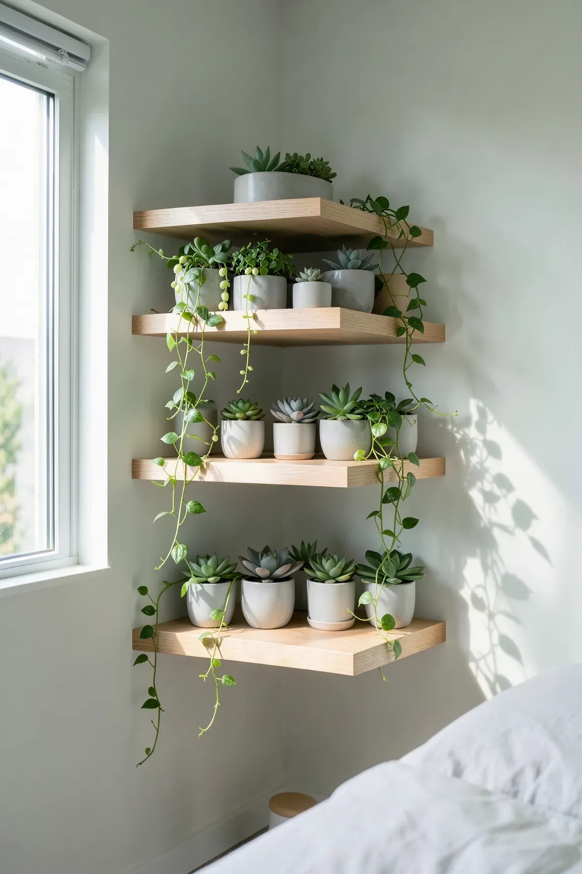 Staggered light oak floating shelves with various green plants in a bright, modern bedroom.