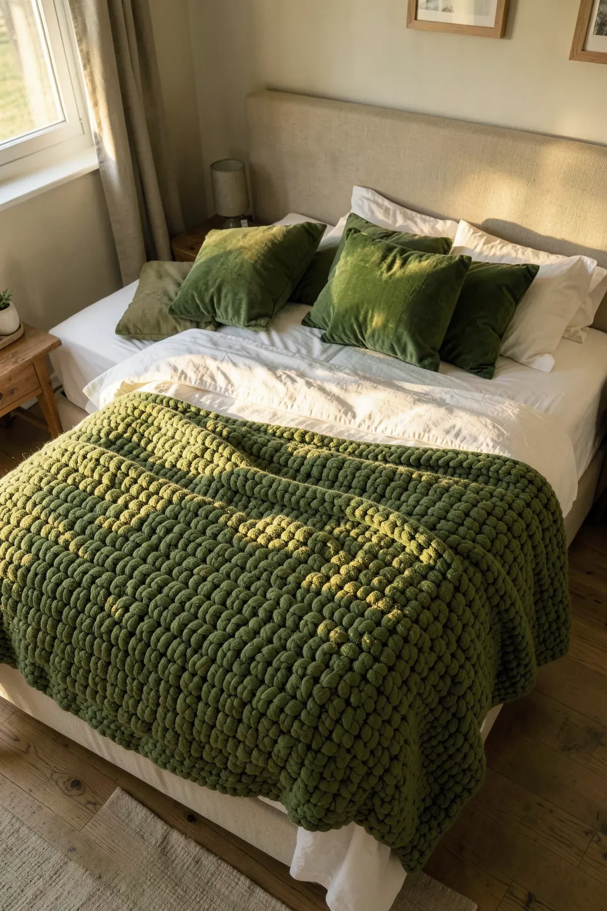 A thick moss green knit throw blanket draped over a bed with white linens in a green room.