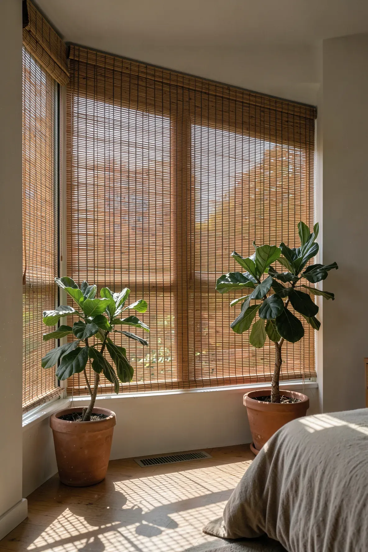 Natural bamboo blinds on a window filtering sunlight into a green-themed bedroom.