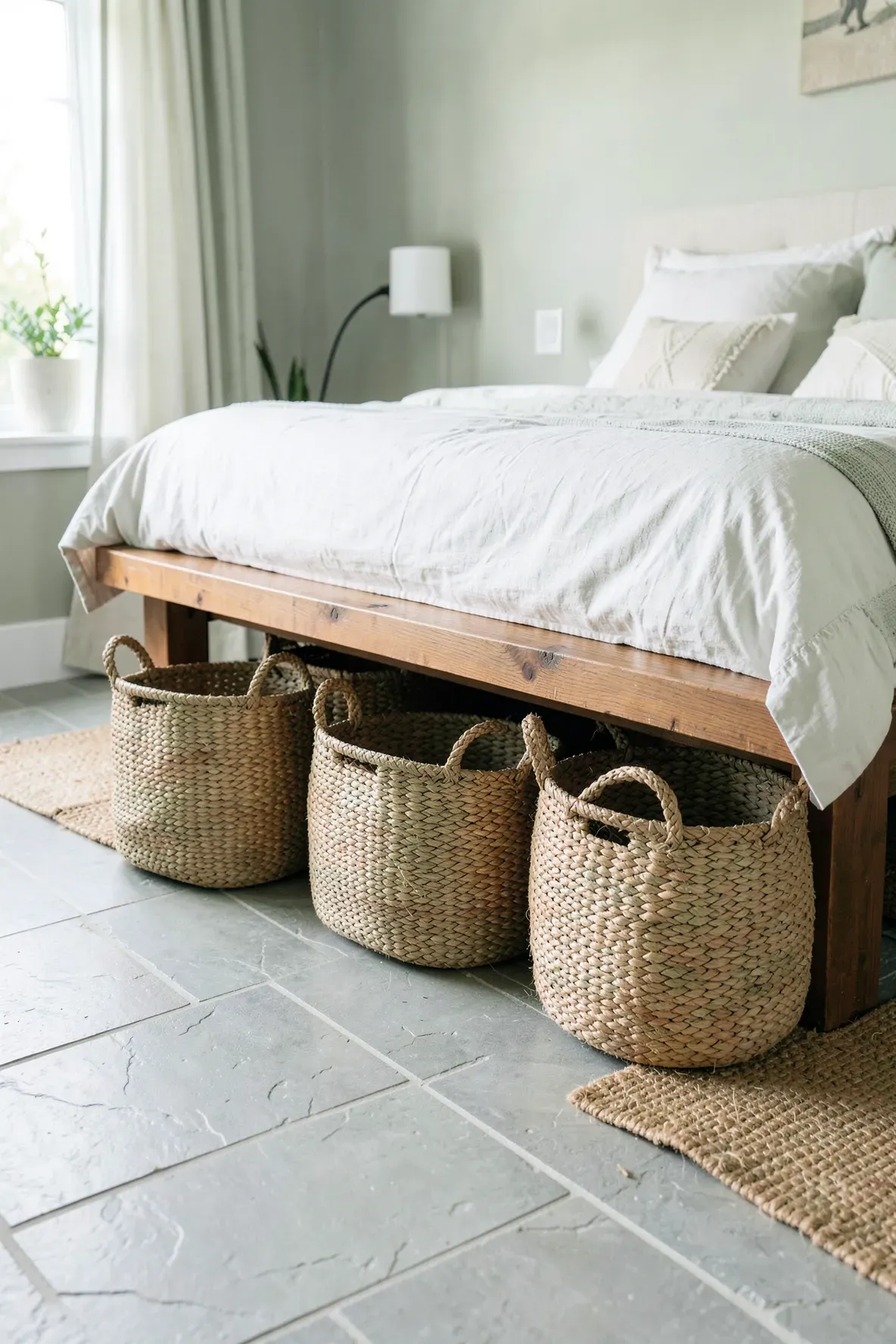 Woven seagrass baskets for storage placed under a bench in a serene green aesthetic bedroom.