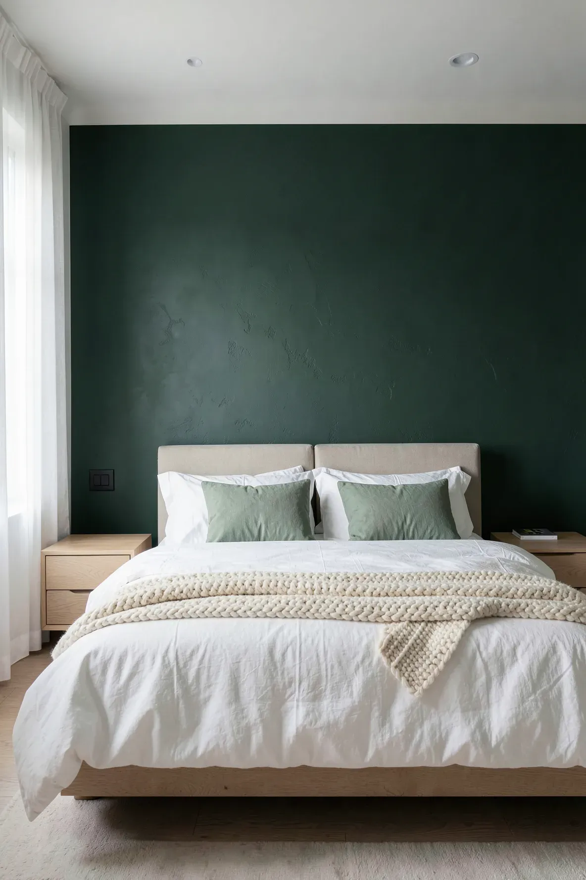A bedroom with a dark forest green accent wall behind a bed with white and sage linens.