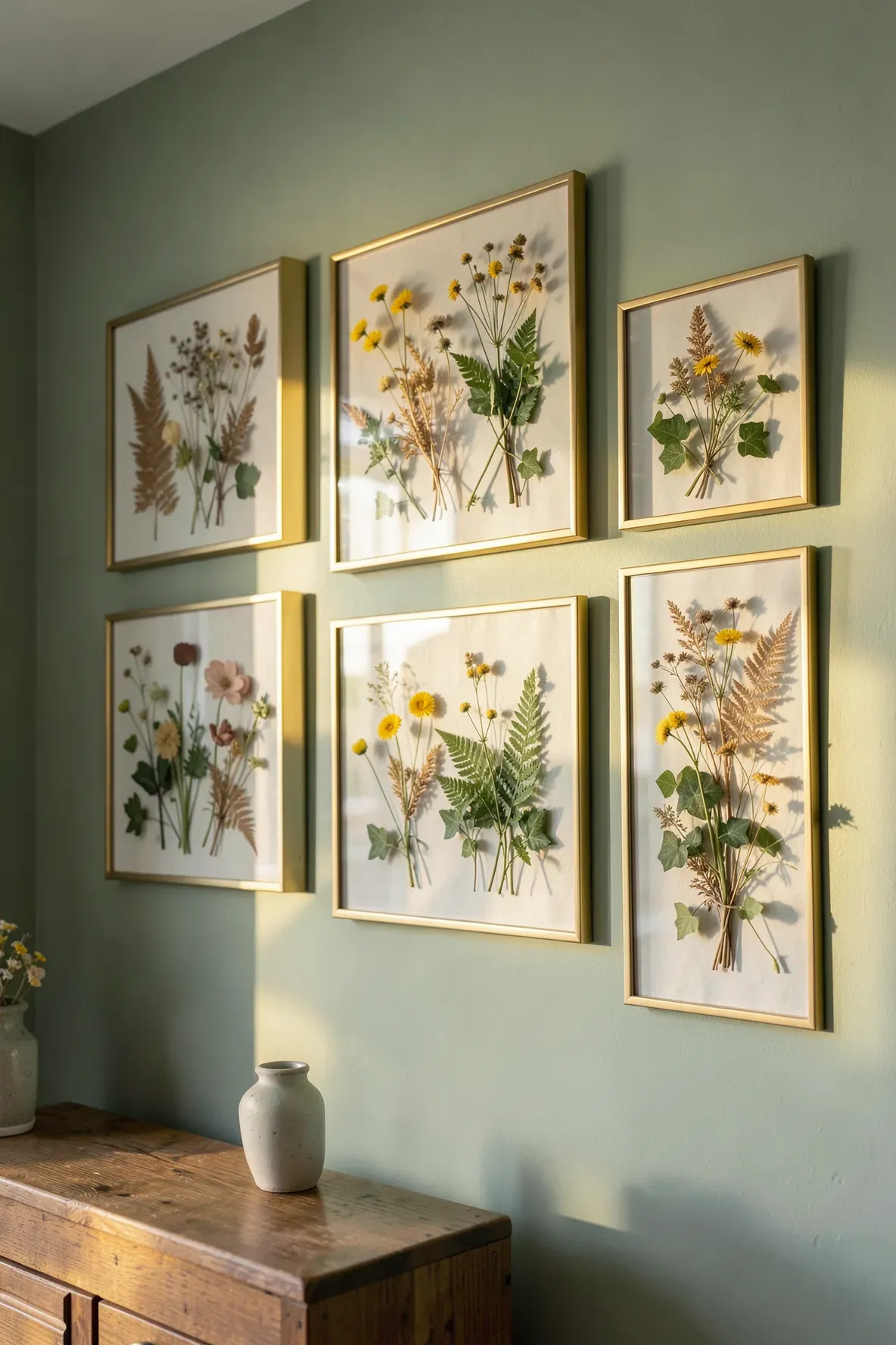 Pressed botanical specimens in glass frames hanging on a soft sage green bedroom wall.