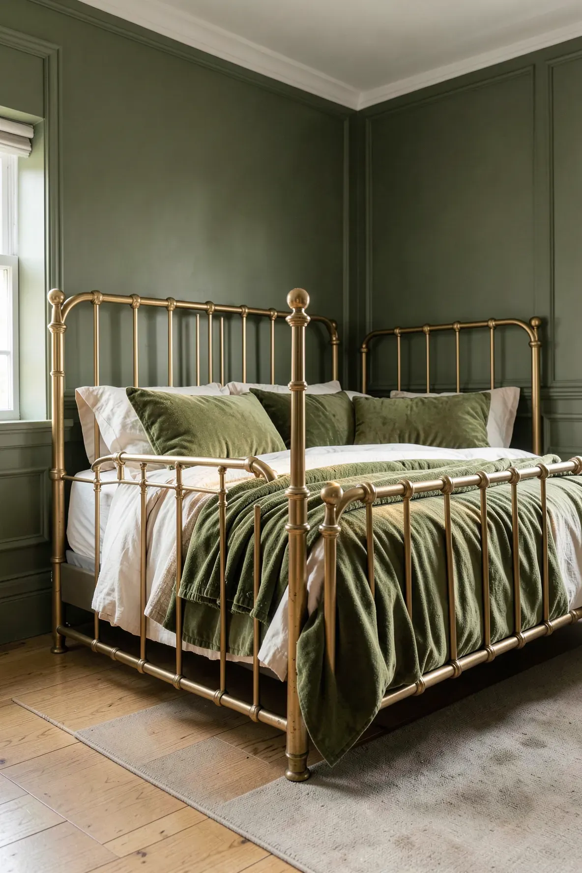 A vintage brass spindled bed frame in a bedroom with olive green walls and cream bedding.