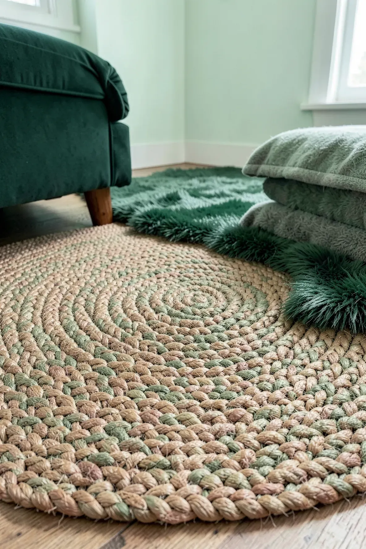 A textured, braided tan jute rug on the floor of a green-themed bedroom.