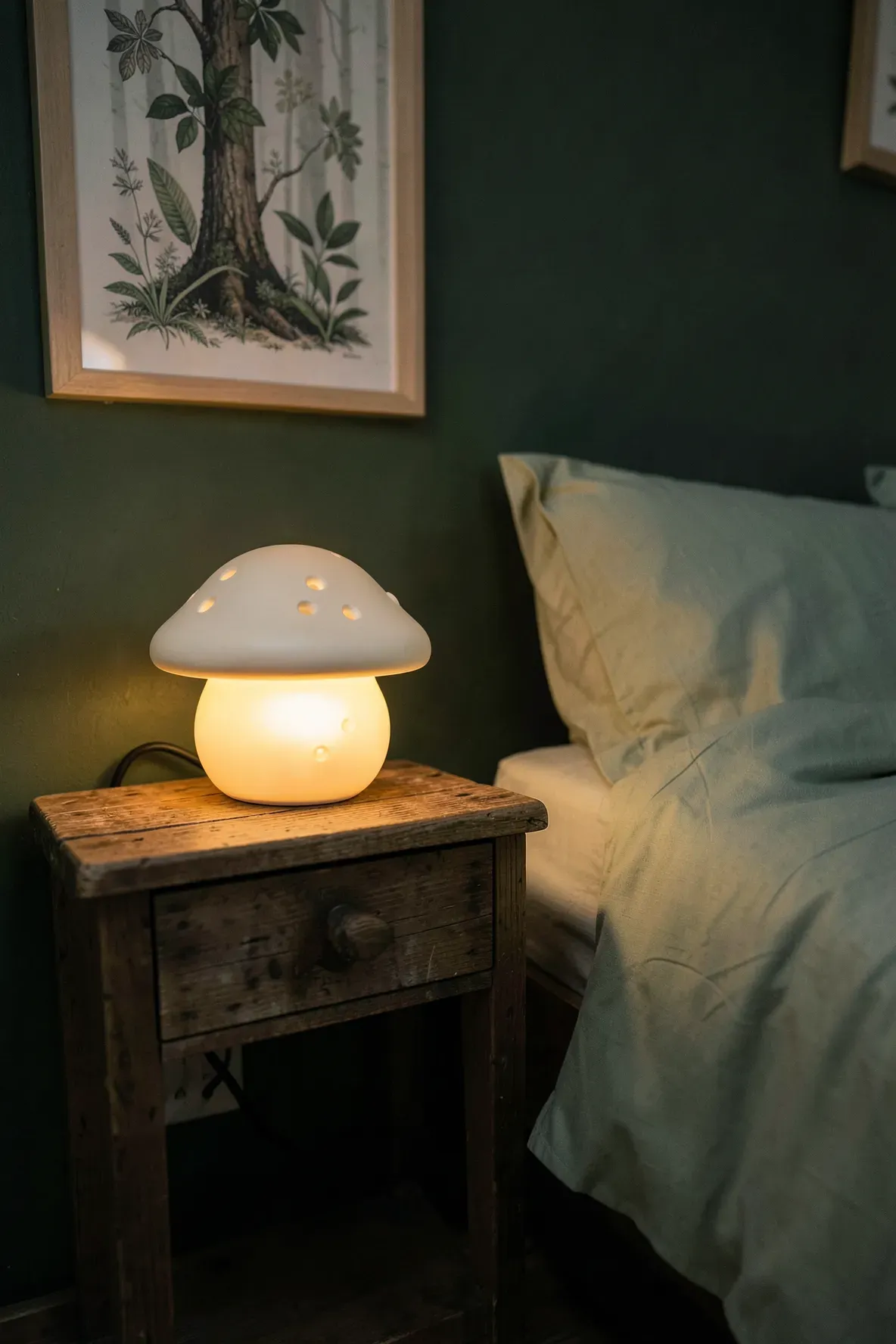A glowing mushroom-shaped ceramic nightlight on a wooden bedside table in a green room.