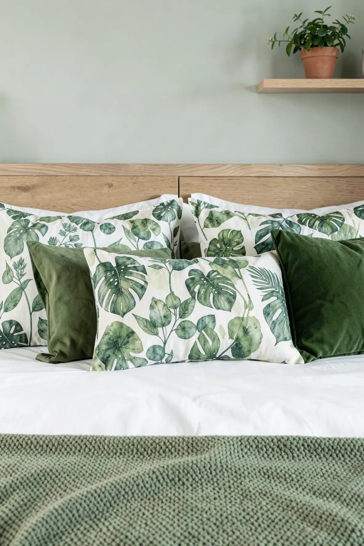 Decorative pillows with green leaf patterns and solid green accents on a white bed.