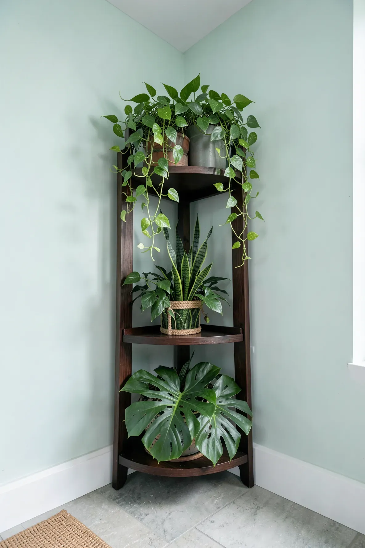 A tiered wooden stand in a room corner holding various green houseplants like pothos and monstera.