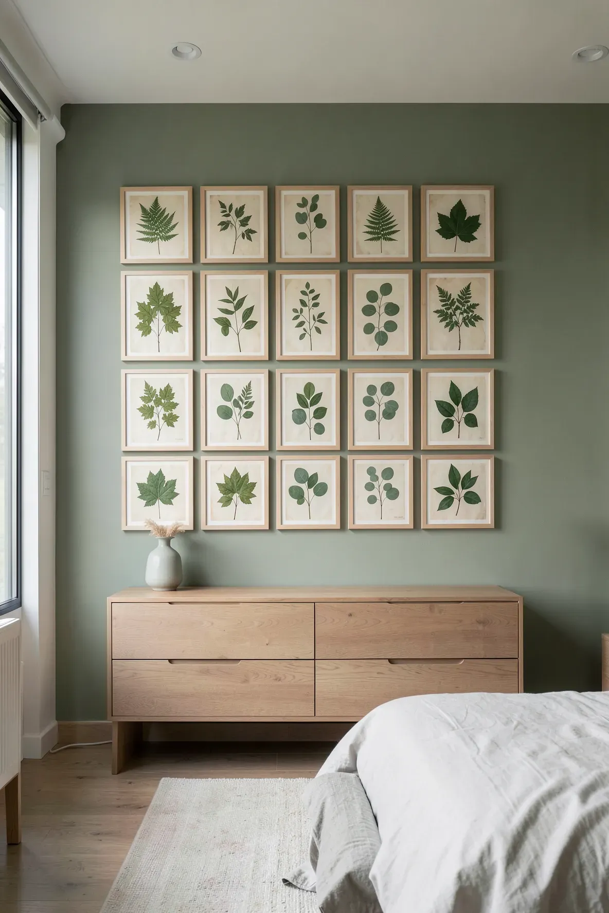 A symmetrical grid of framed botanical leaf specimens on a sage green bedroom wall.