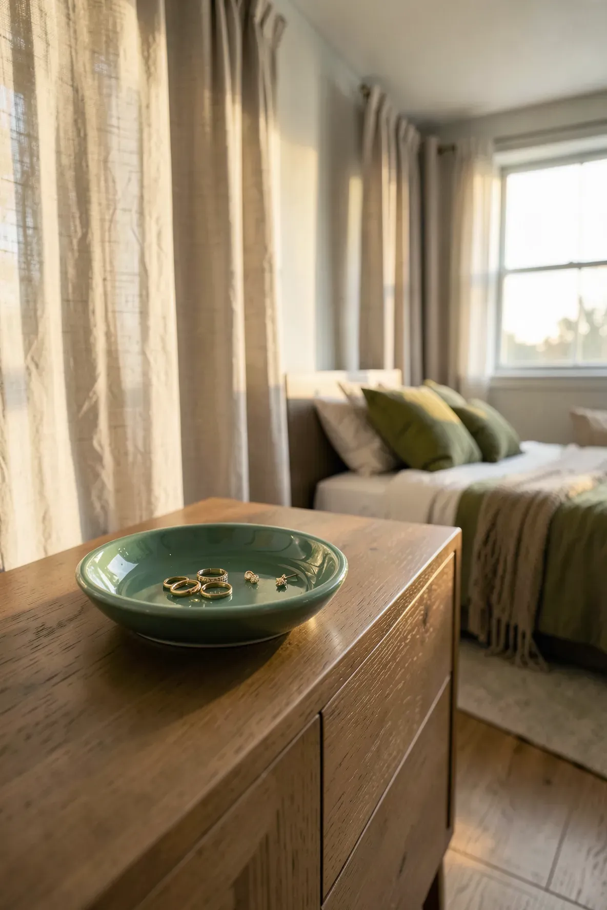 A glossy seafoam green jewelry dish on a wooden dresser in a sunlit green-themed bedroom.