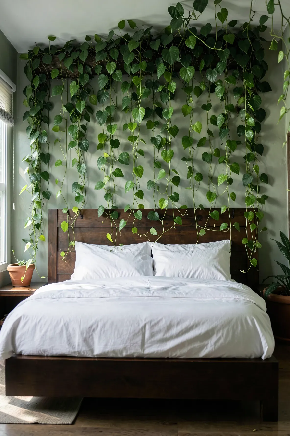 Lush green pothos vines trailing over a wooden headboard in a bright, airy bedroom.