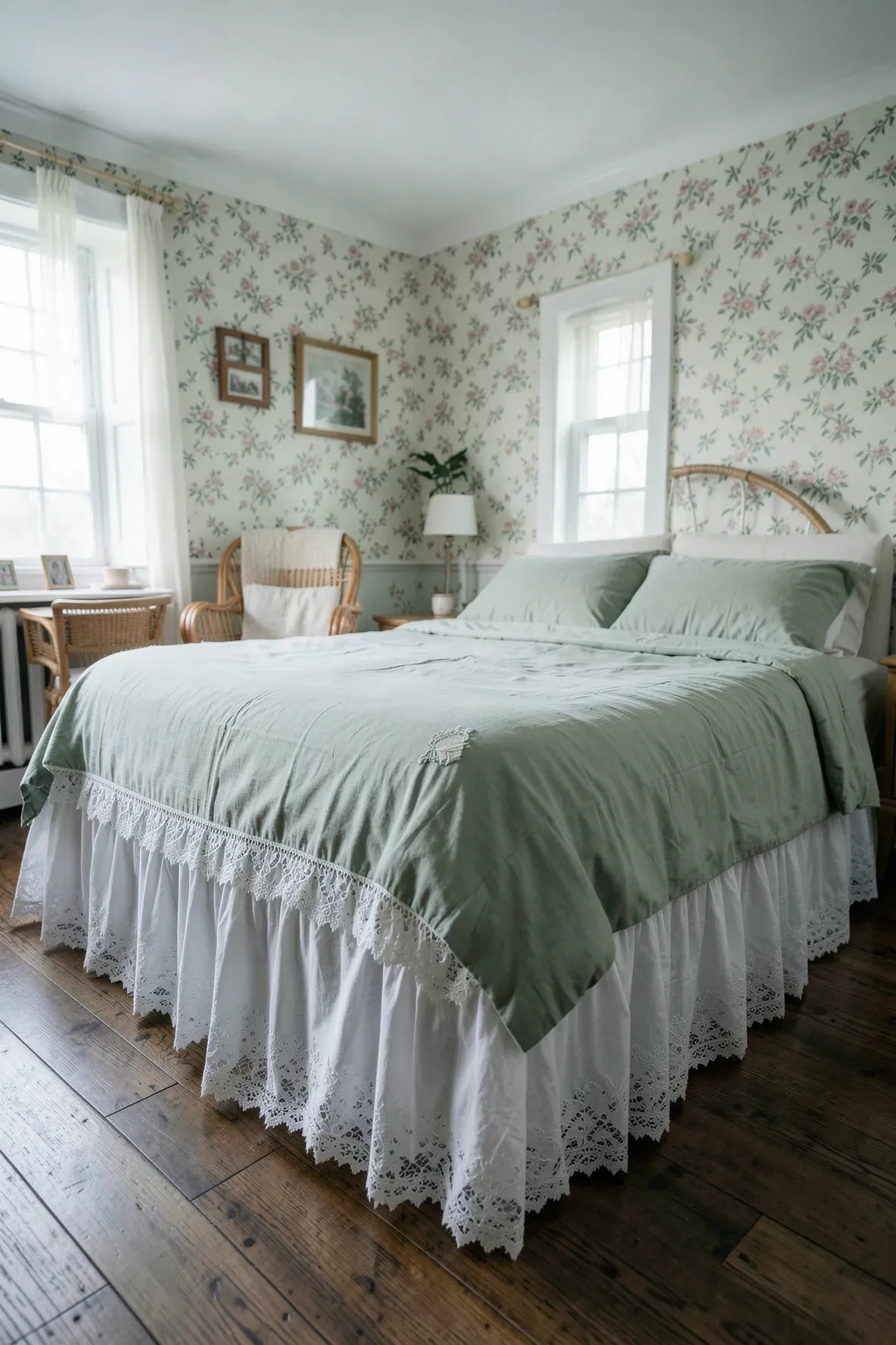 A white lace bed skirt on a bed with sage green linens in a vintage style bedroom.