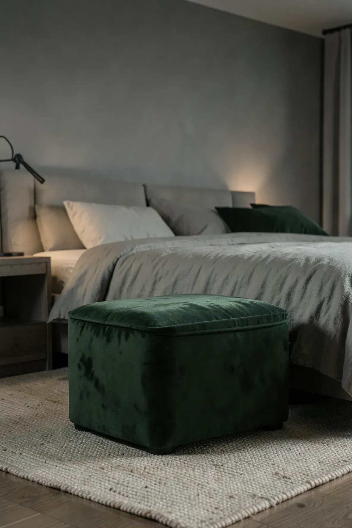 A deep pine green suede ottoman at the foot of a bed in a moody, stylish bedroom.