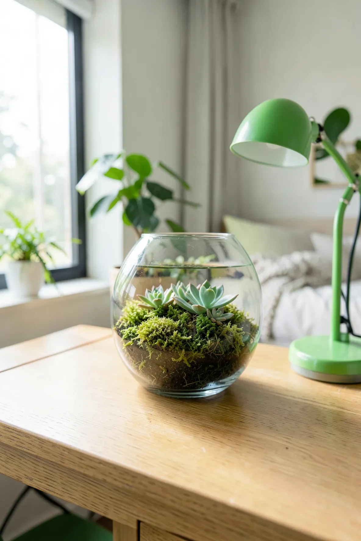 A glass terrarium with green moss and succulents on a desk in a bright bedroom.