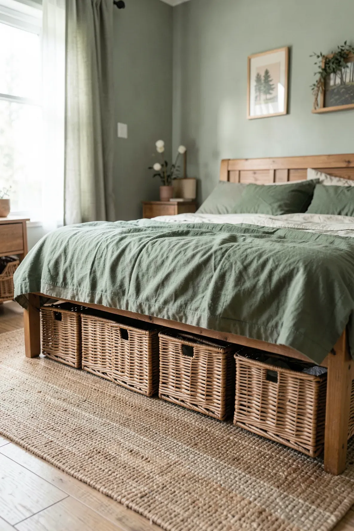 Vintage wicker picnic baskets used for storage under a bed with green blankets.
