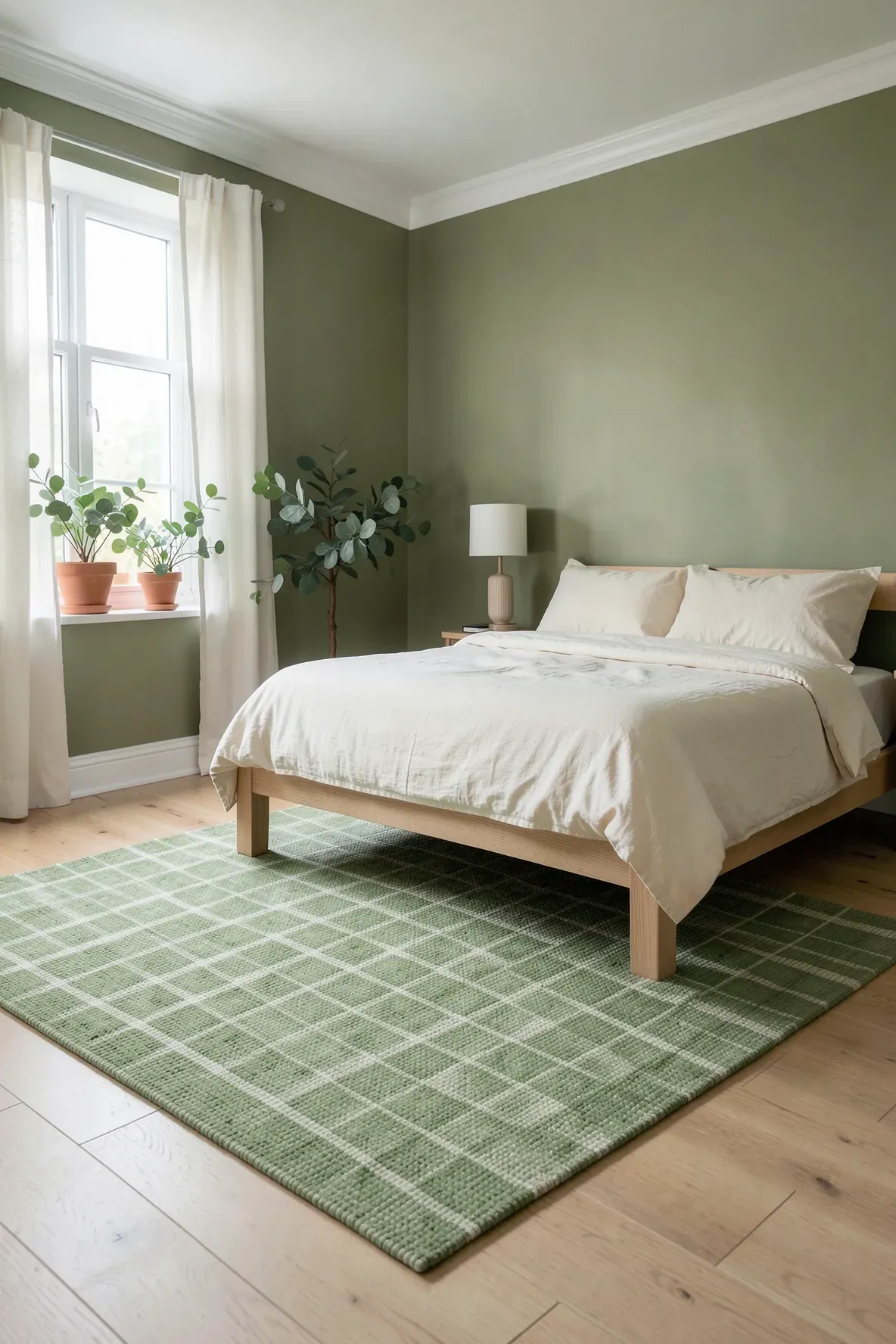 A sage green gingham rug on a light wood floor in a cozy, sunlit green aesthetic bedroom.