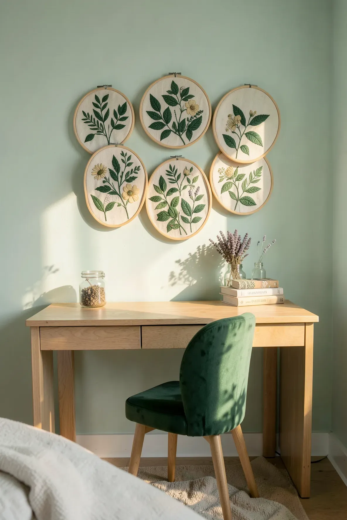 Botanical embroidery hoops hanging on a mint green wall above a wooden desk in a bedroom.