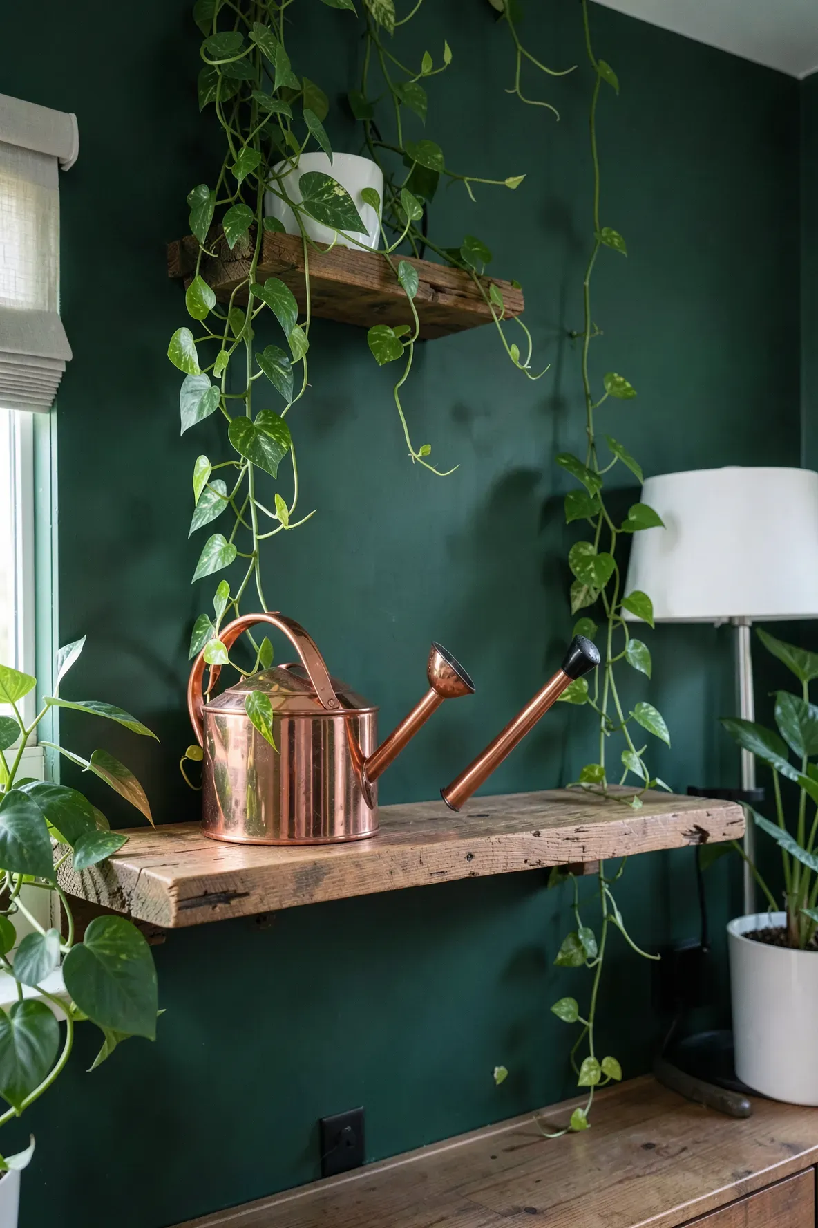 A shiny copper watering can on a wooden shelf surrounded by green trailing plants in a bedroom.