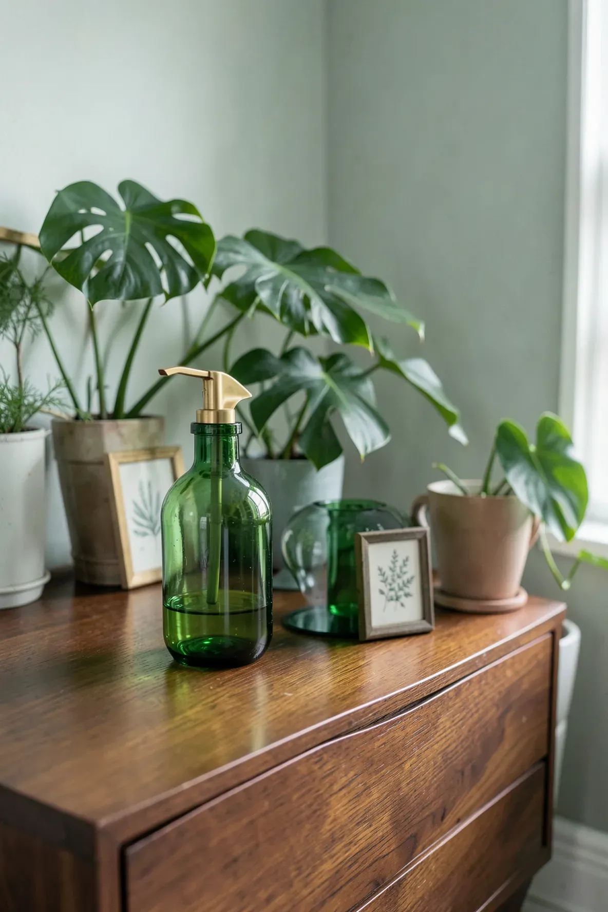 A green glass spray bottle with a brass pump sitting on a wooden dresser next to a large plant.