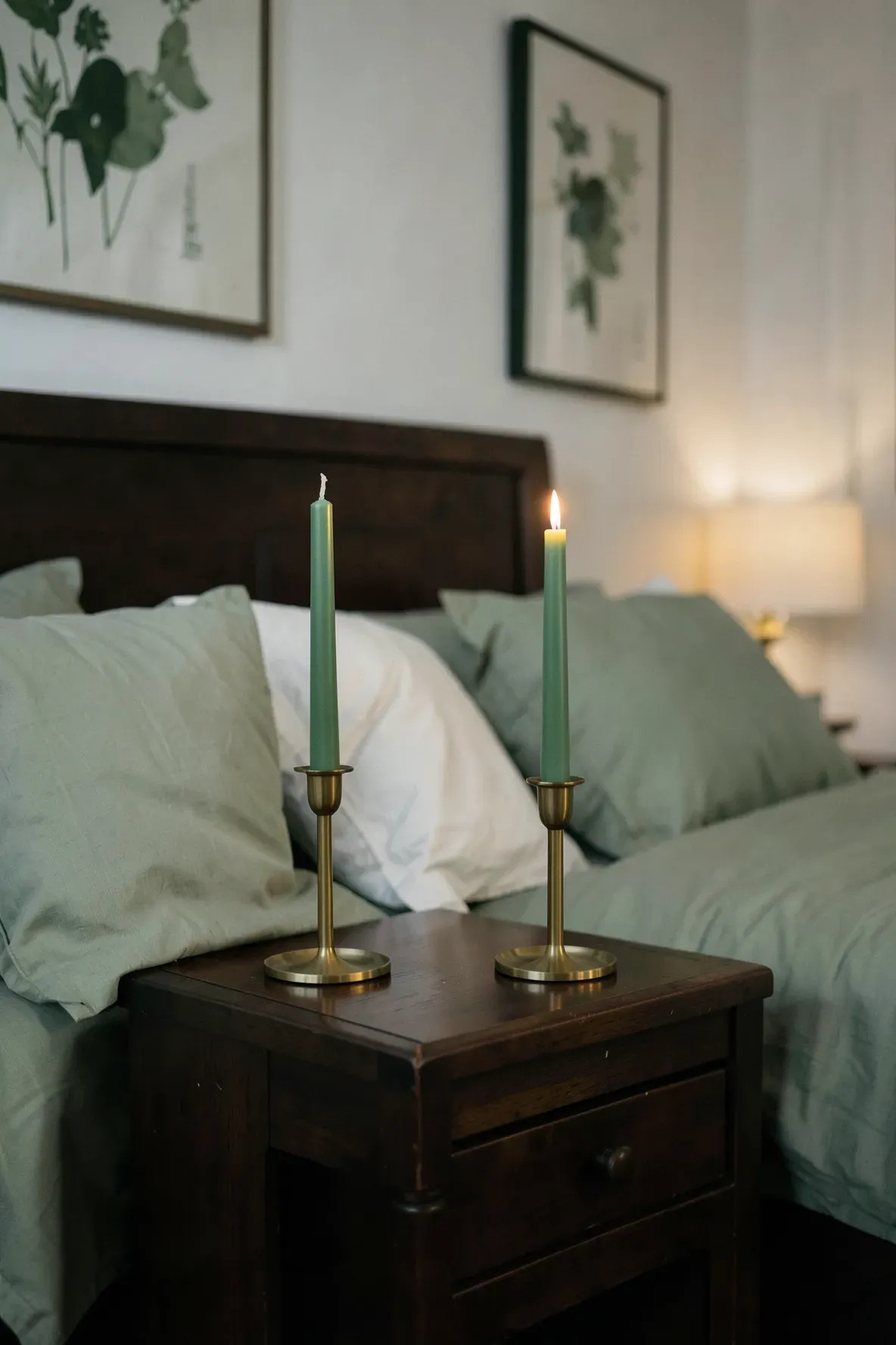 Soft green taper candles in brass holders on a dark wood nightstand in a green-themed bedroom.