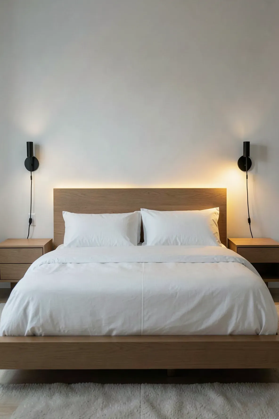 Two black swing-arm wall sconces providing warm light on either side of a modern bed.