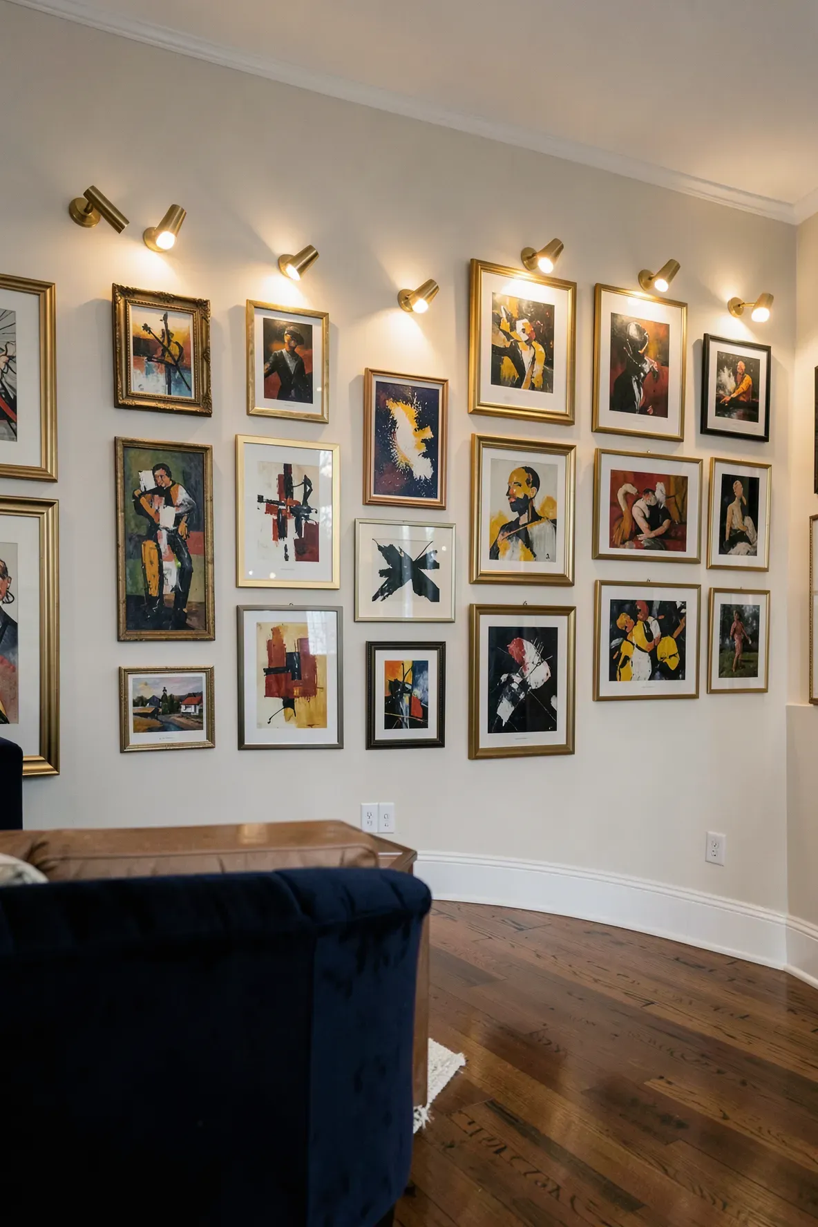 Brass picture lights highlighting artwork on a living room wall with a warm, elegant glow.