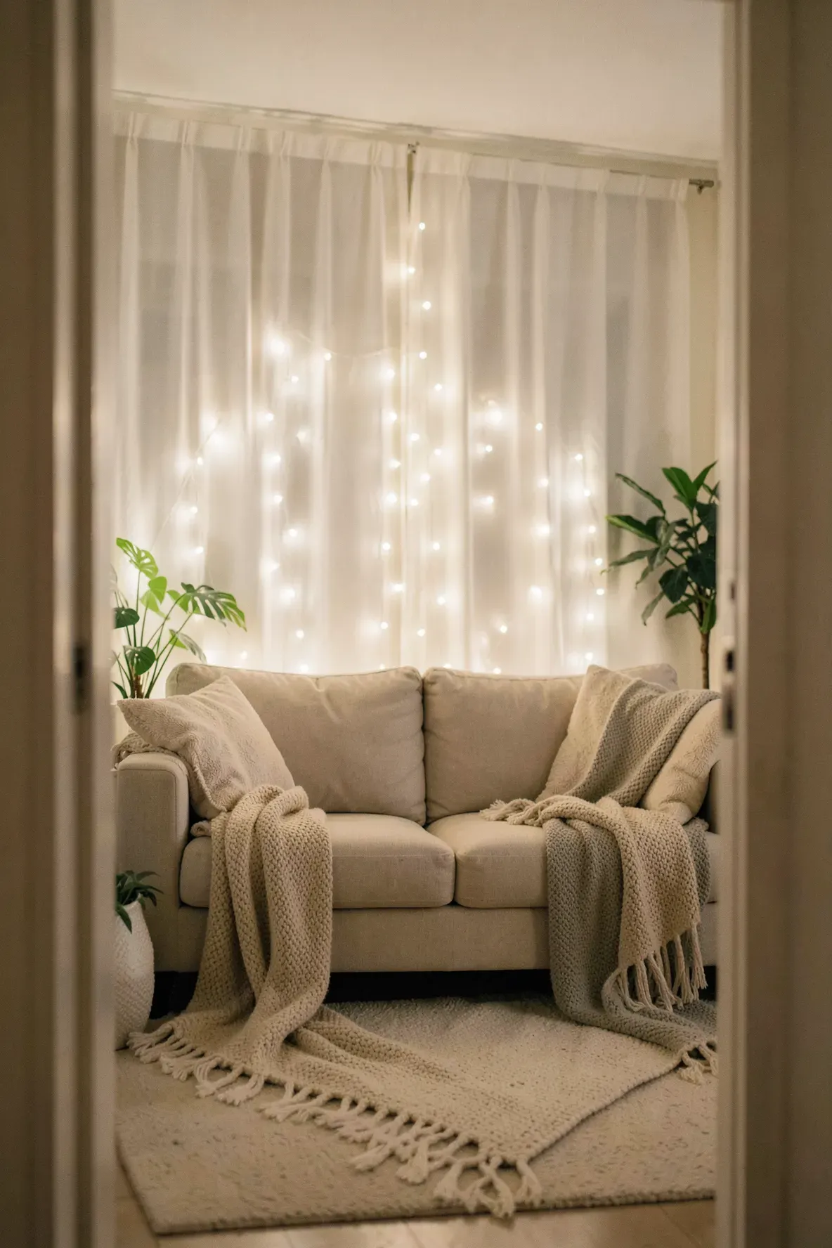 Warm string lights placed behind a sofa to create a soft, cozy glow in a living room.