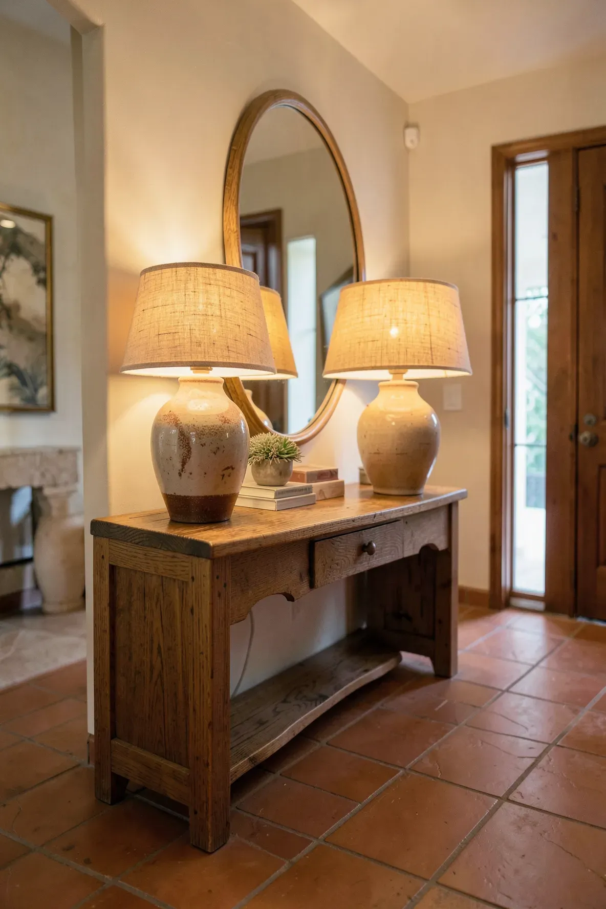 Two ceramic table lamps with linen shades on a wooden console table emitting warm light.