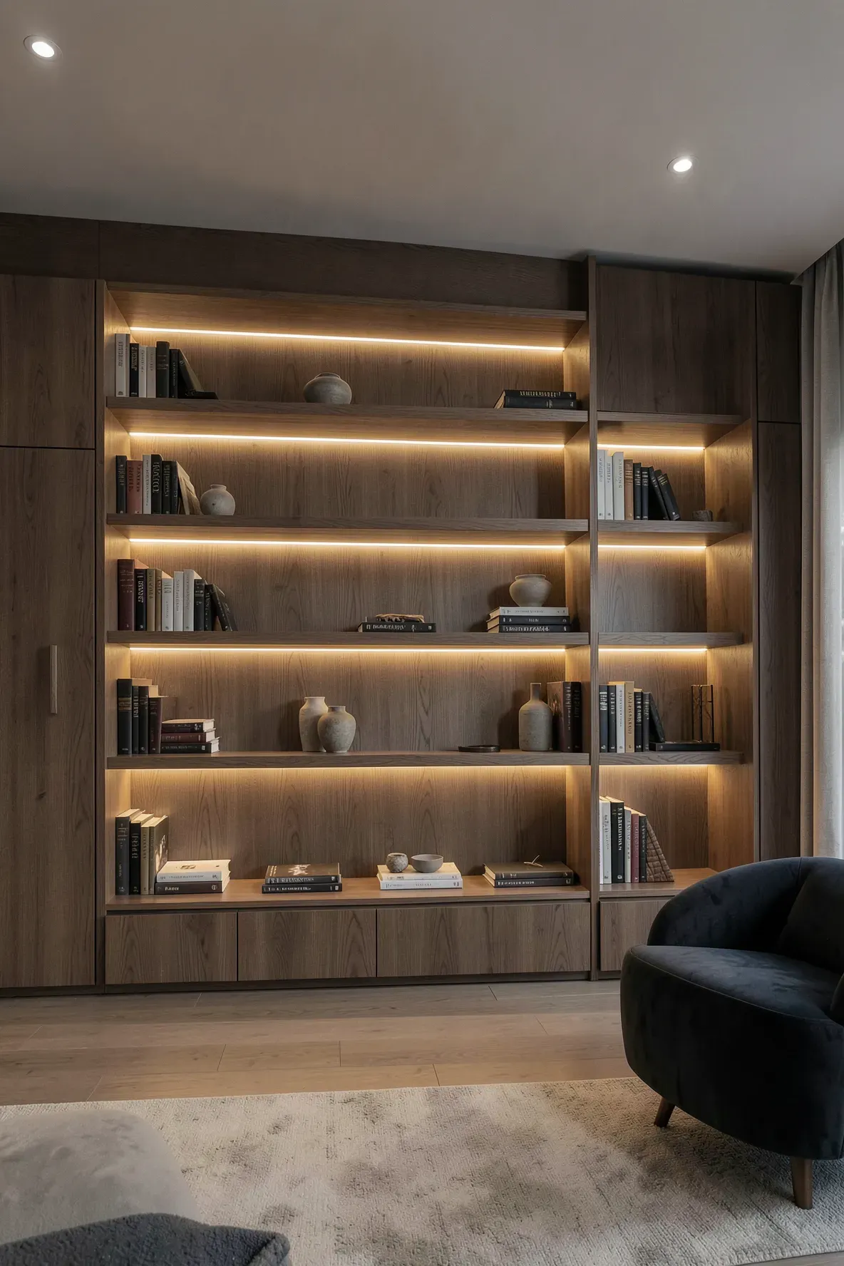 A modern living room with warm LED strips hidden under wooden shelves, creating a soft golden glow.