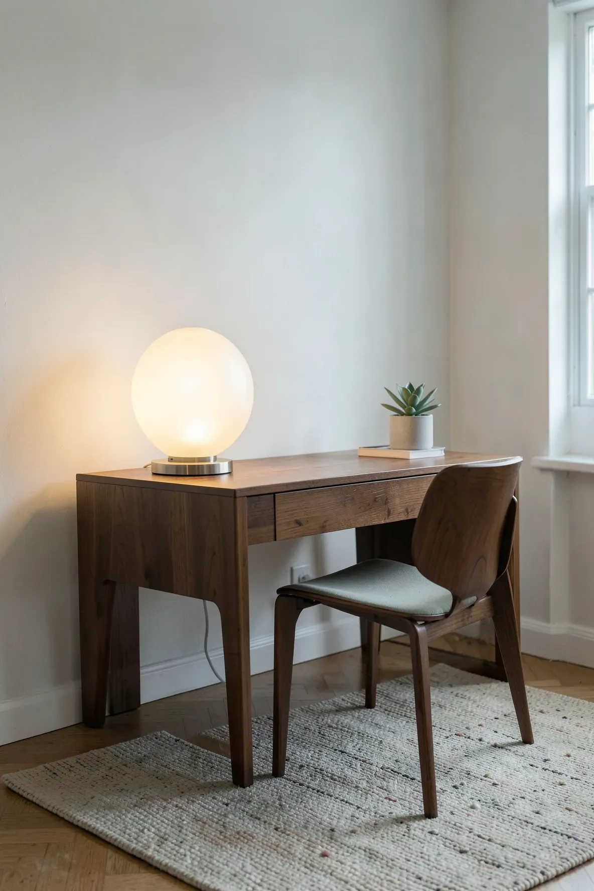 A frosted glass globe lamp on a wooden desk in a cozy, well-lit modern study.