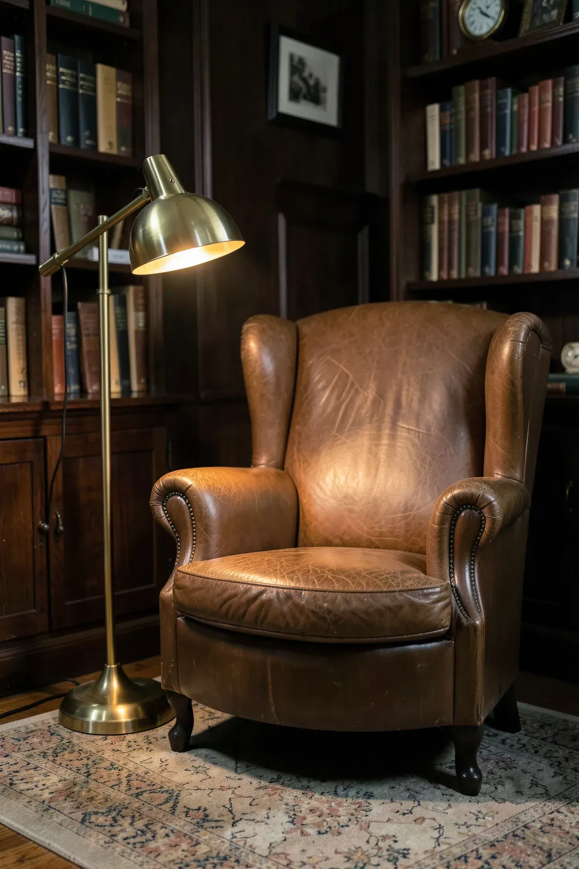 A polished brass task lamp illuminating a leather armchair in a cozy, warm-toned reading corner.
