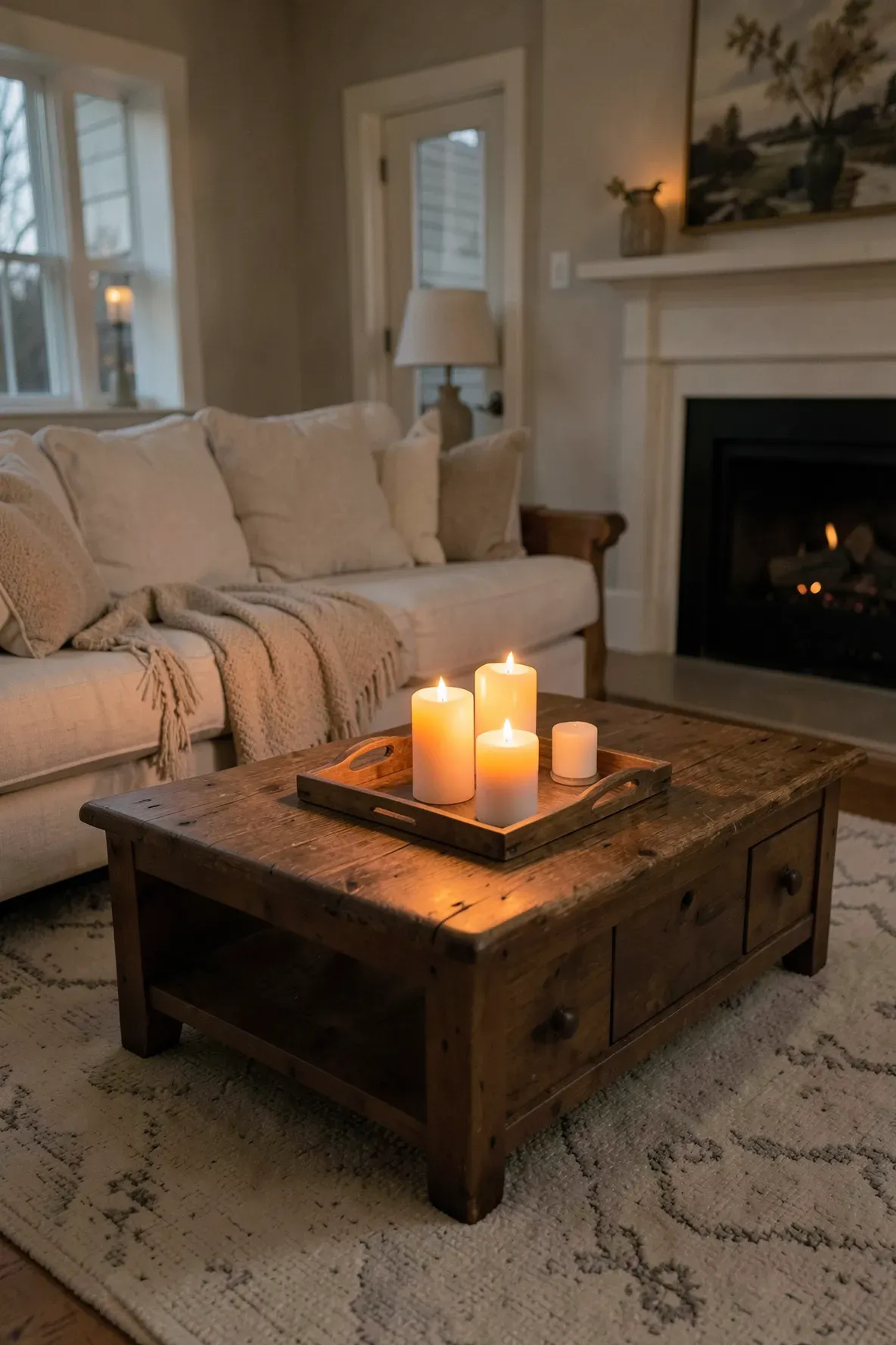 Three flameless LED pillar candles glowing on a coffee table in a relaxing, warm living room.