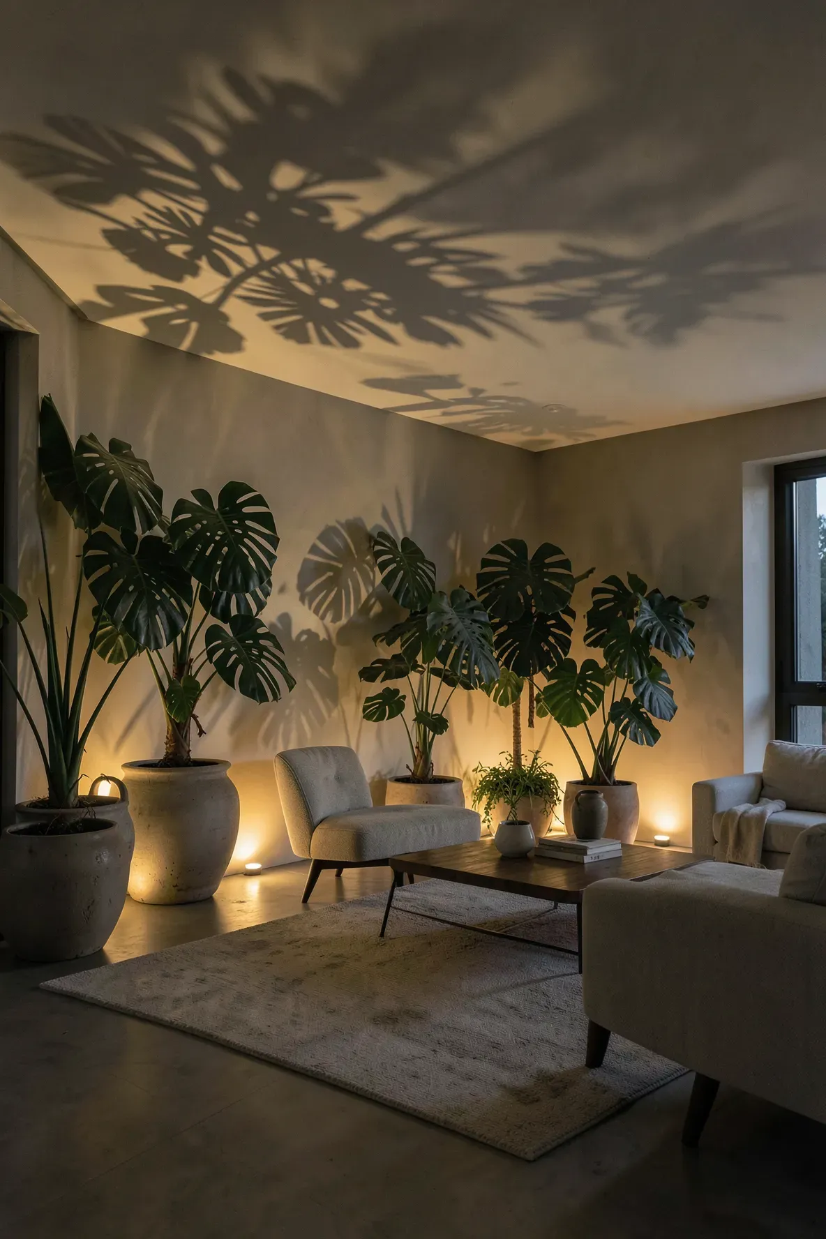 Warm floor uplights behind large indoor plants casting dramatic leaf shadows on the living room walls.