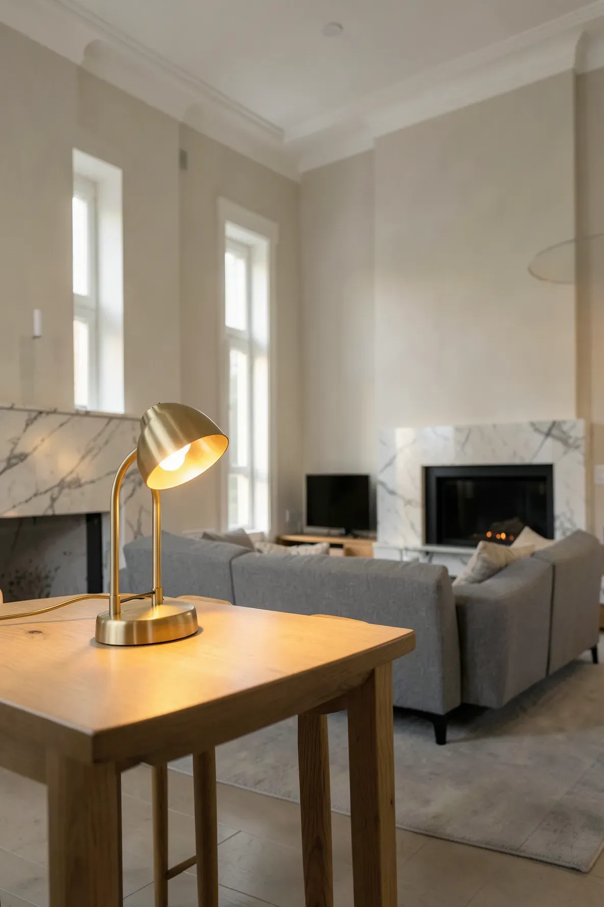 A modern living room with warm cordless brass lamps on a small table and mantel, creating a clean, cord-free look.