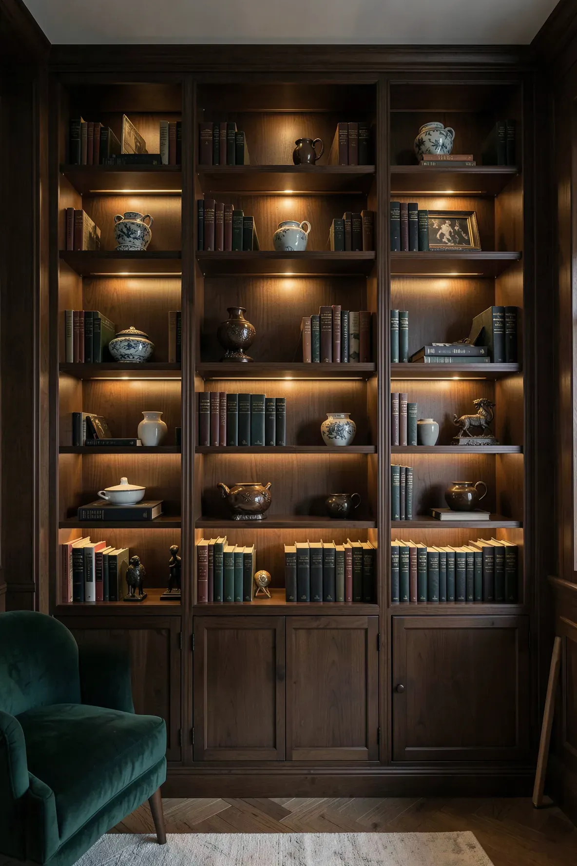 A dark wood bookcase with warm miniature spotlights in each cubby, creating a layered and cozy library glow.