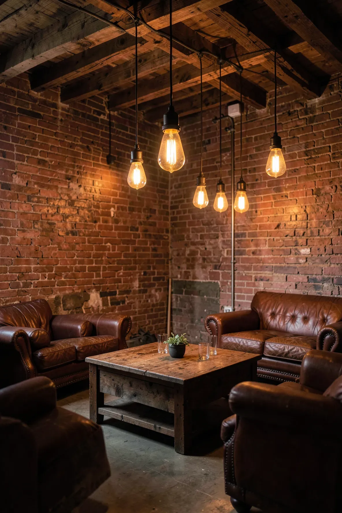 Exposed Edison bulbs with glowing filaments hanging in a rustic room with brick walls and wooden beams.