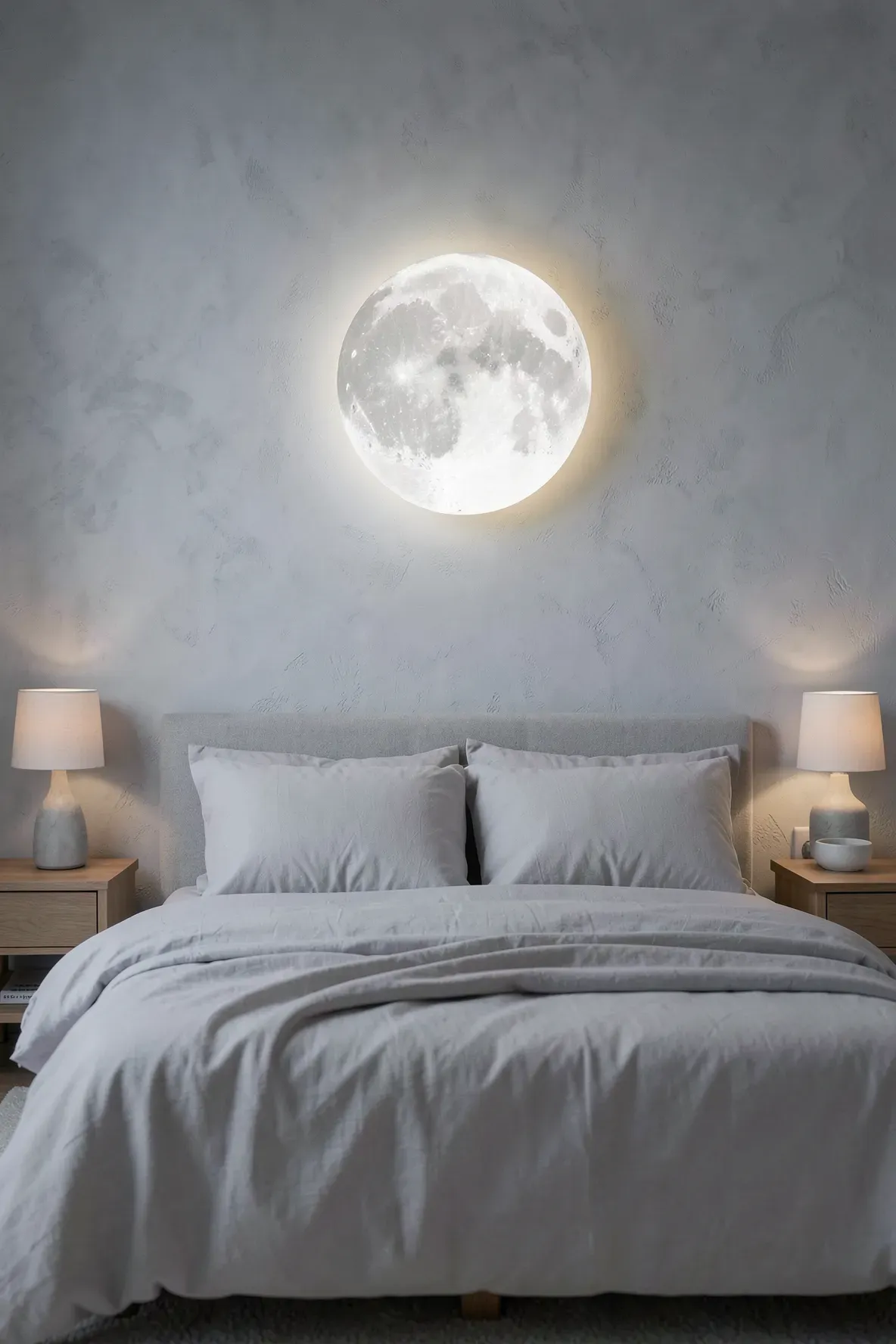 A glowing, textured moon lamp mounted on a bedroom wall above a bed, providing a soft and dreamy nighttime light.